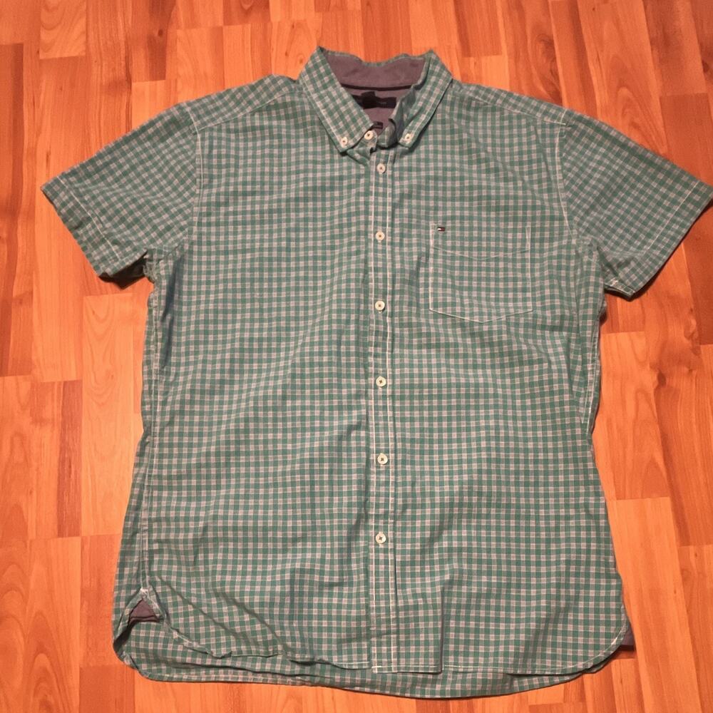 Tommy Hilfiger Custom Fit Men's XL Green/White Plaid Woven Pocket Shirt SS